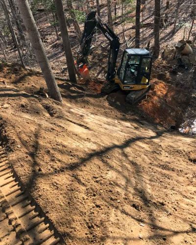 A backhoe is used to remove a tree in a sloped area